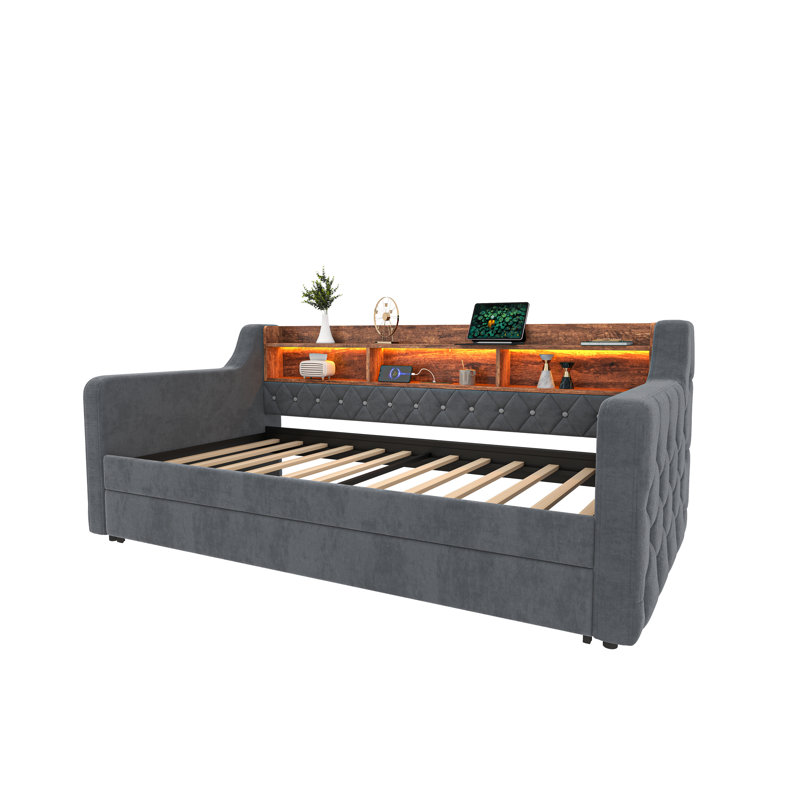 Upholstered Daybed with Trundle, Dark Gray