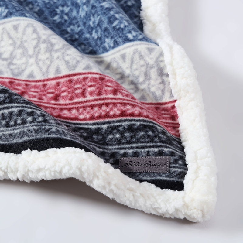 Eddie Bauer Printed Plush Fleece/Sherpa Oversized Throw Blanket, Fair Isle Blue