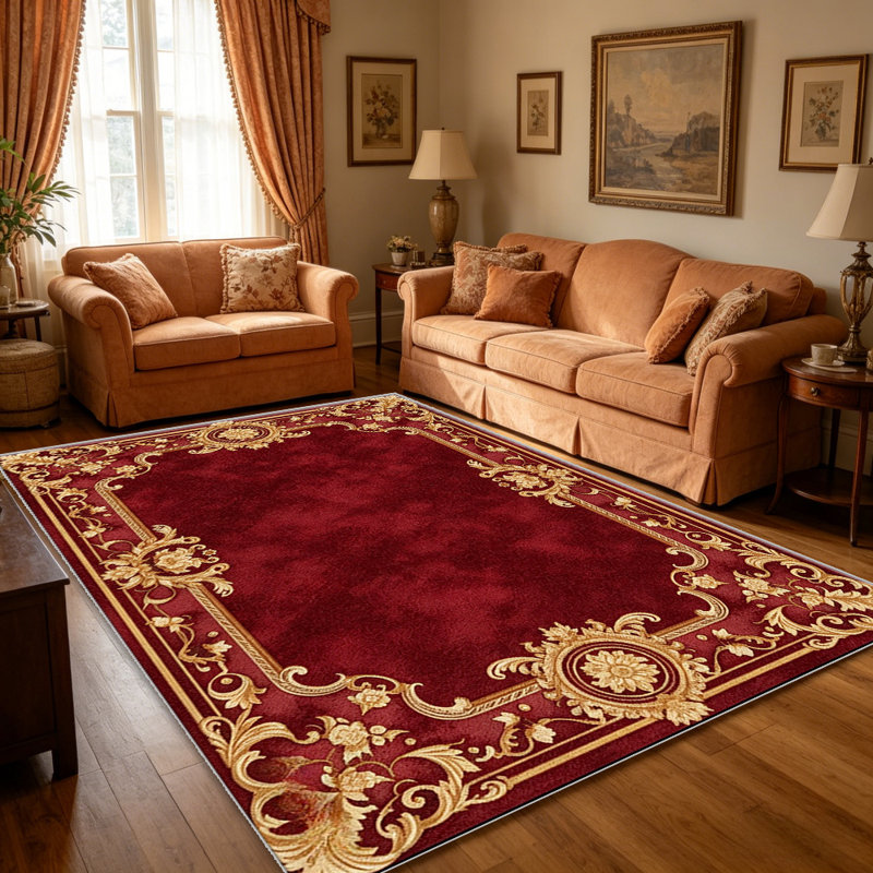 Red Gold Bordercarpet-easy to clean, machine-washable, soft and comfortable; suitable for door mats, kitchens, living rooms, bedrooms, corridors, and laundry areas. Easy to clean, durable carpet for home decoration.