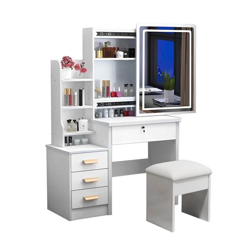 Bureau de coiffeuse avec miroir lumineux et fauteuil, 3 lumières à DEL à intensité variable, 4 tiroirs et tablettes de rangement, blanc