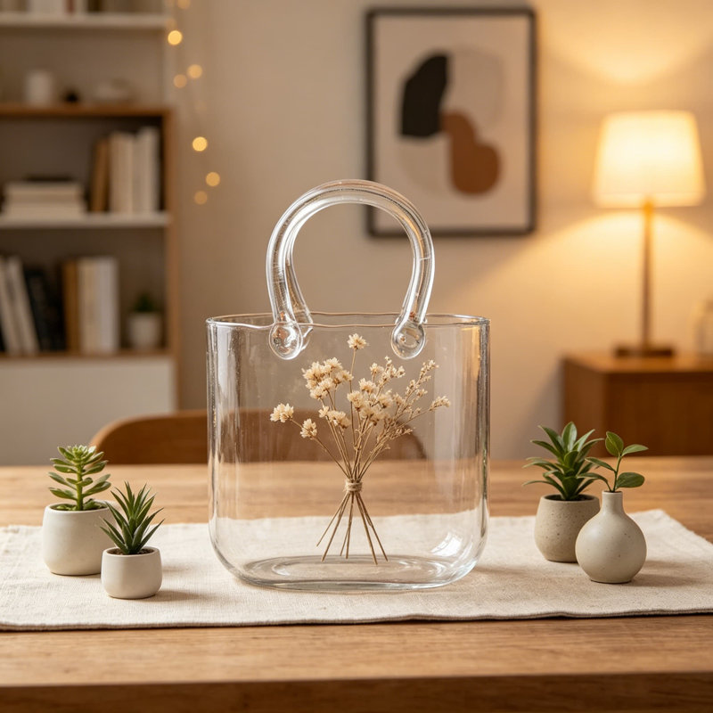 Glass Purse Vase For Flowers, Clear Bag Vase With Handle, Handbag Shape Decorative Flower Vase With Fish Bowl, Unique Centerpiece For Home Table Shelf Decor, Birthday Gift