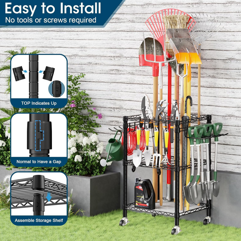 Organisateur de jardin Tool Avec roues verrouillables Storage Rangement robuste pour outils de garage ， Remise