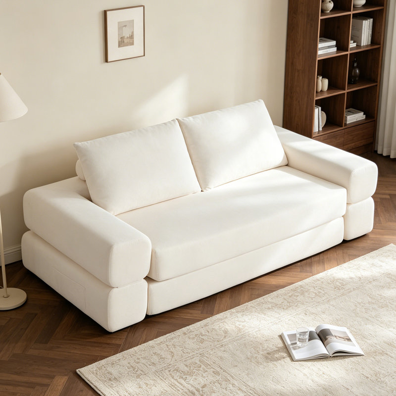 Boneless Convertible Floor Sofa Bed, 3 In 1 Compression Sofa With 2 Throw Pillows, No Assembly Required, White