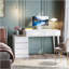 Bureau 39,37 po blanc brillant moderne avec 5 tiroirs et support d'imprimante, ordinateur de bureau réversible et coiffeuse pour petits espaces