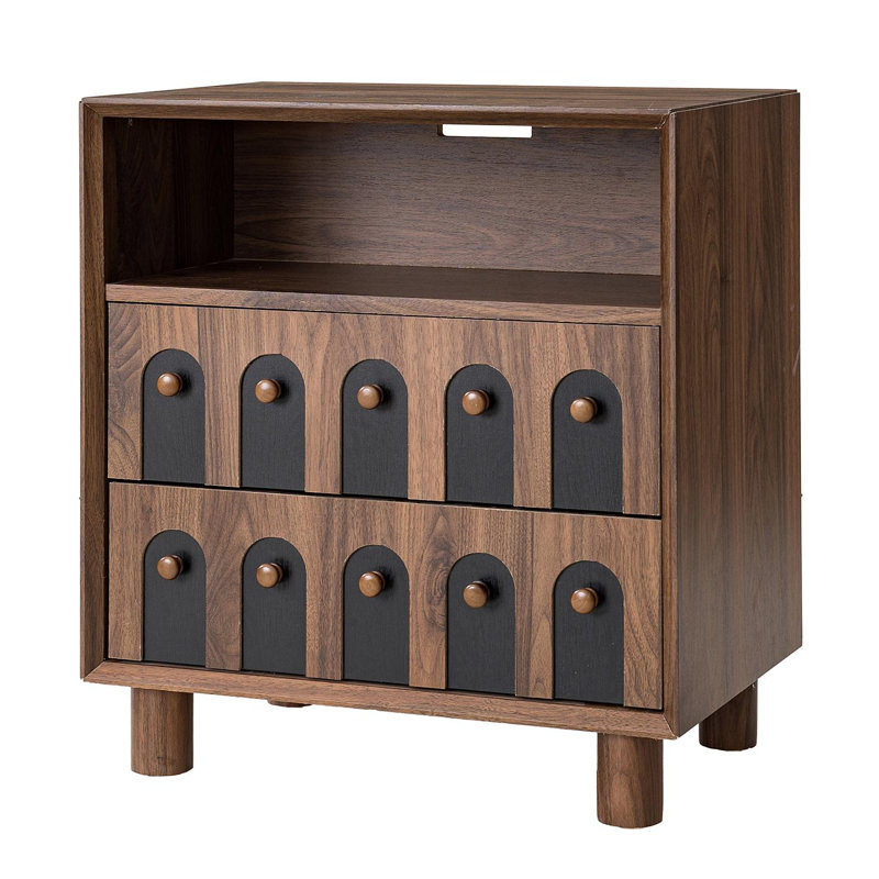 26" Tall Modern Nightstand With Charging Station, 23.75'' Wide Wood Bedside Table W/2 Storage Drawers, Large Mid Century End Table For Bedroom, Living Room, Curve Mirror Design