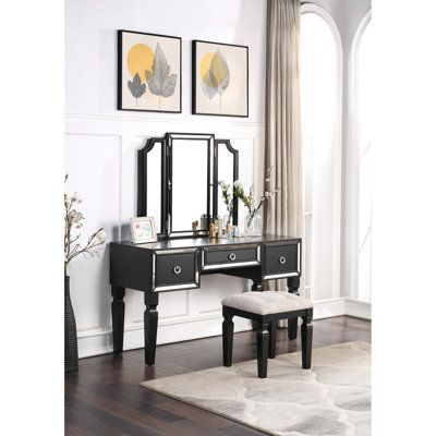 Luxueux meuble-lavabo noir pour la chambre à coucher, avec tabouret, 3 tiroirs de rangement et 3 miroirs
