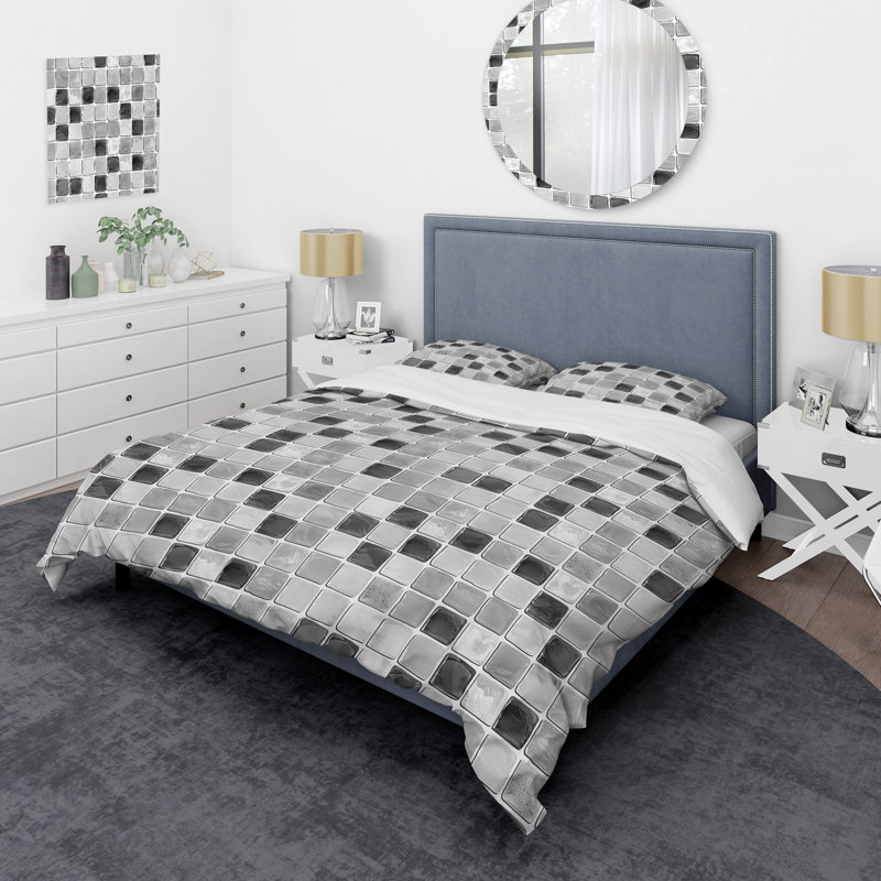 Carreaux de mosaïque gris II - ensemble de housse de couette moderne, Housse de couette pour grand lit et 2 taies décor