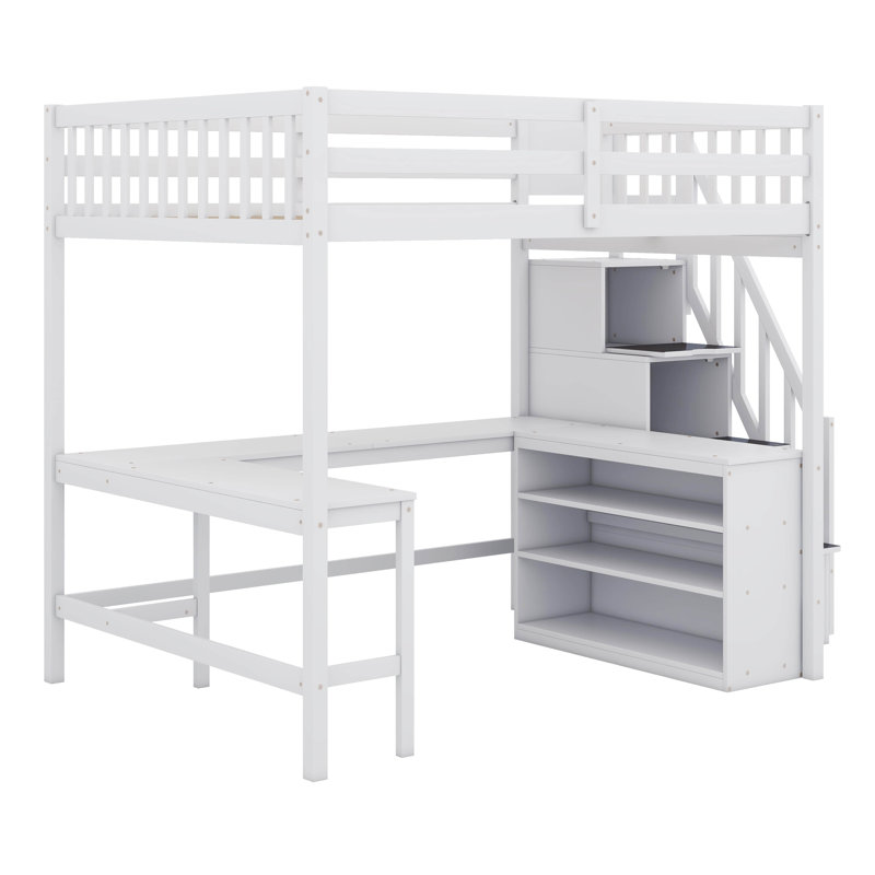 Lit mezzanine double avec bureau intégré en forme de L, tablettes de rangement à trois niveaux, escalier de rangement attaché