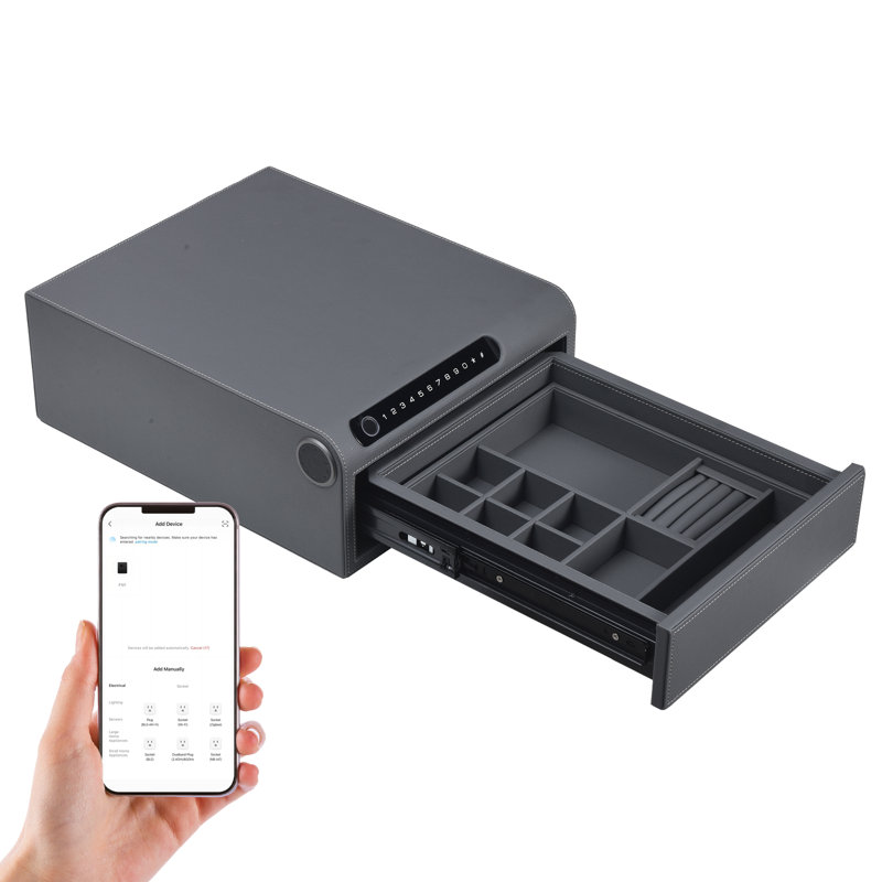 Coffre-fort à bijoux biométrique à empreinte digitale pour la maison, H 6,1 po x l 18,3 po x P 15,3 po, Cuir gris