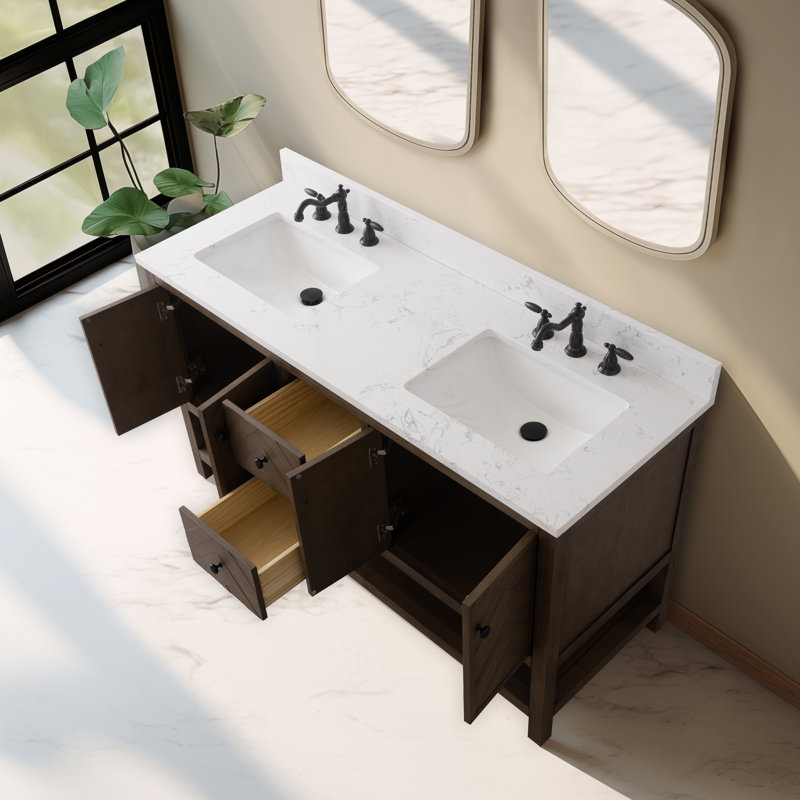 Ensemble de meuble-lavabo double 60 po Chazden, Noir mat, Brun cacao