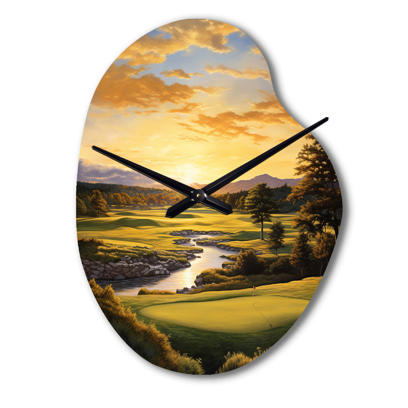 Golf Golden Hour Golf - Horloge murale en forme de golf unique en métal, impression d'horloge murale jaune, Petit