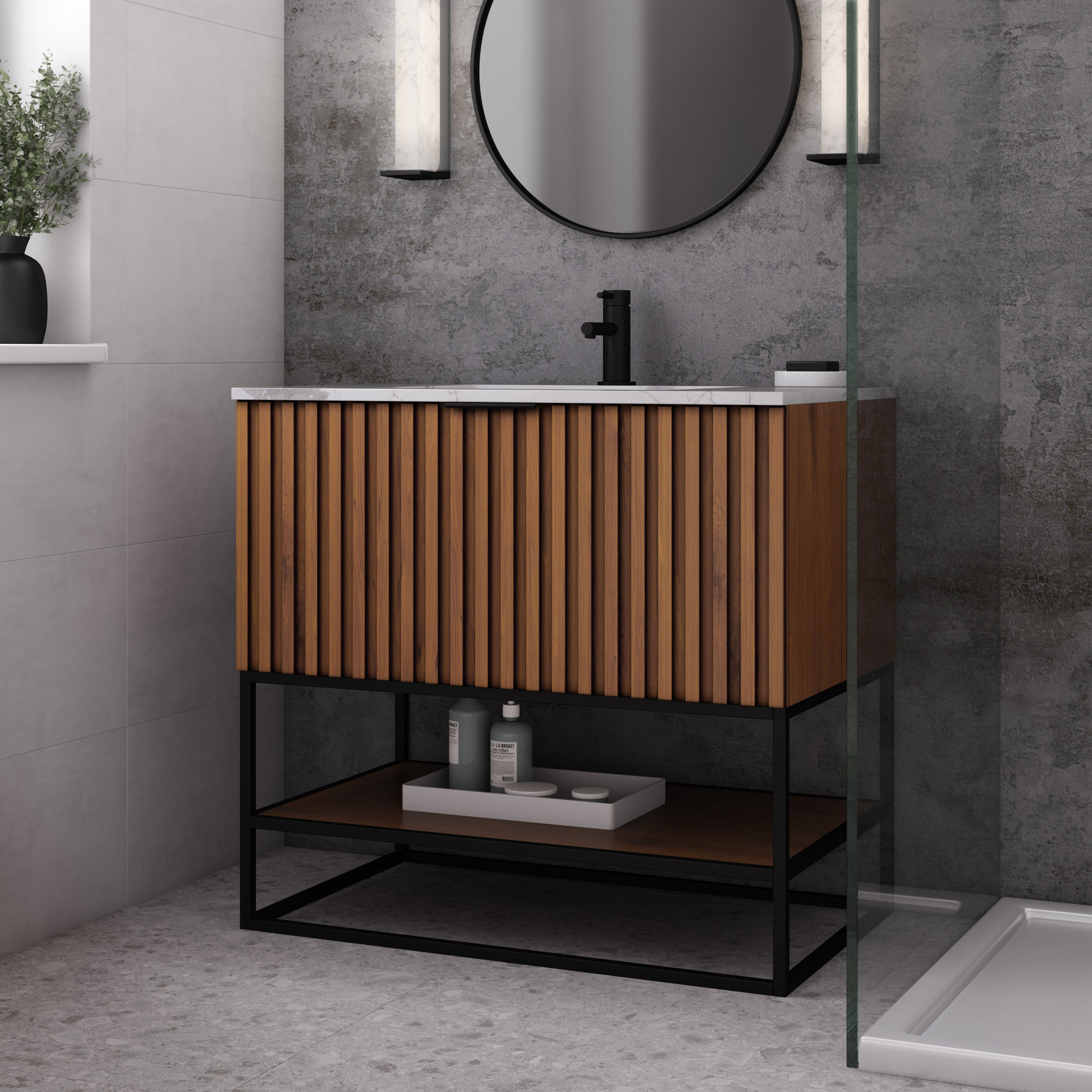 Terra 36'' Single Bathroom Vanity, Carrara Marble/Single Faucet Mount, Walnut, Matte Black