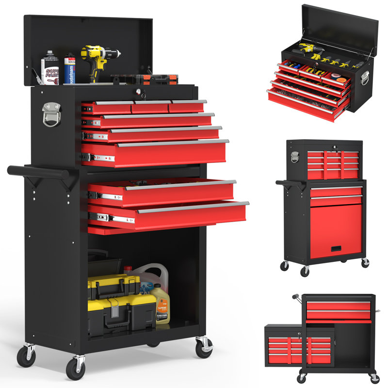 8-Drawer Tool Chest with Wheels，2-In-1 Detachable Metal Toolbox Storage Cabinet Organizer（BLACKRED）, Black/Red
