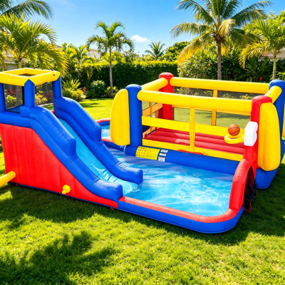7-in-1 Inflatable Water Park for Kids, Bounce House with Slide, Deep Water Pool, Basketball Hoop, Football Gate, Water Cannon & Climbing Wall – Outdoor Backyard Fun