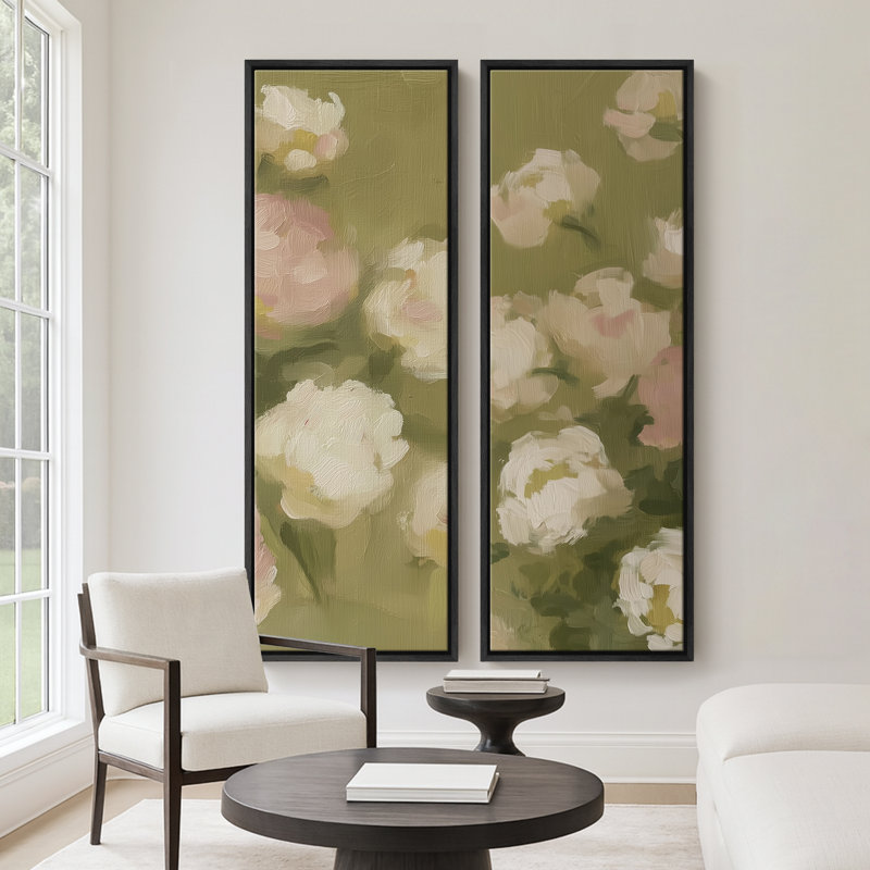 Textures de pivoines impressionnistes texturées en vert pastel - ensemble de 2 reproductions d'art encadrées sur toile 60 po x 20 po x 2 pièces, 60 po x 30 po x 2 pièces