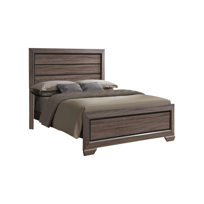 Ensemble de chambre à coucher 3 pièces avec grand lit, commode et miroir en bois brun patiné, Grand