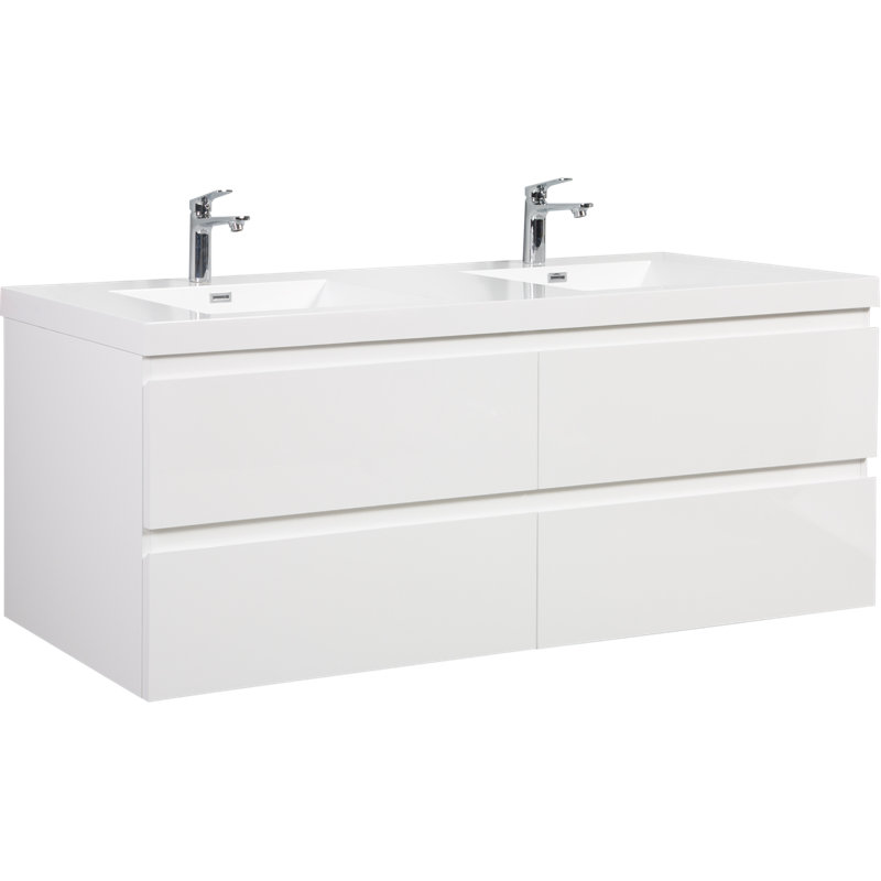 Meuble-lavabo flottant moderne avec deux lavabos en résine, armoire de rangement murale, 4 tiroirs à fermeture en douceur, blanc brillant