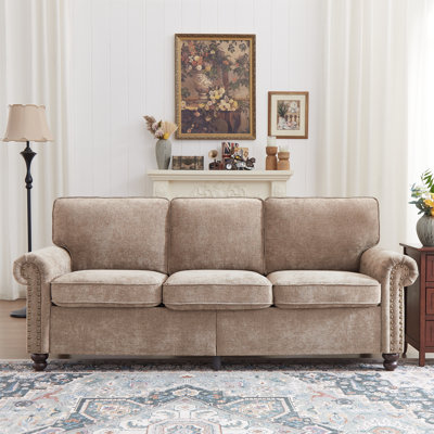 81.5" 3 Seat Sofa Couch, Rolled Arm Sofas With Nailhead Trim, Chenille Upholstered Deep Seat Couch, 3 Seat Cushions, Comfy Brown Couches For Living Ro