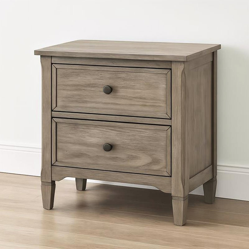 Table de chevet 2 gris chaud brossé au fil de fer, poignée ronde en bronze, bois massif et, parfaite pour la chambre à coucher, rangement à deux tiroirs, texture grain, petits espaces compacts, 22,48 po de profondeur, 16,03 de largeur, 24,26 de hauteur, 44,7 po