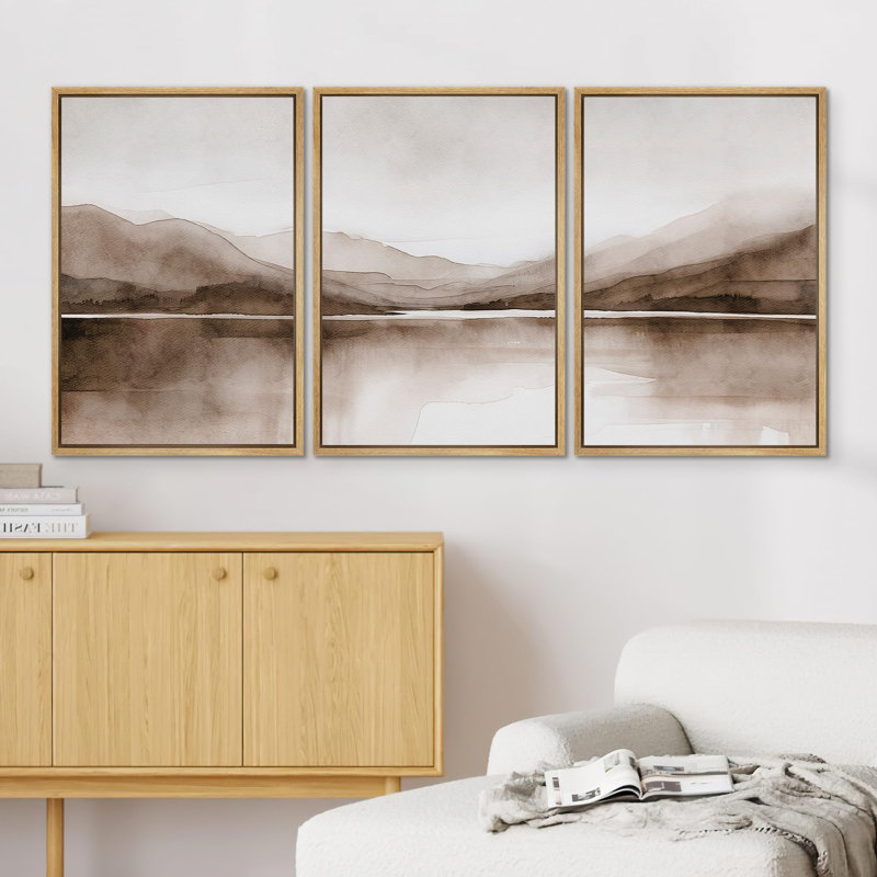 «Mountain Landscape Modern Minimalist Brown and Gray Watercolor Nature Wilderness Modern Cool», 3 pièces, Naturel