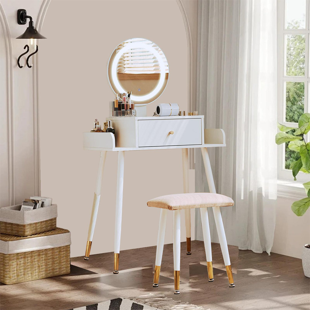 Makeup Vanity Table Set With Adjustable Brightness Mirror and Charging Station, Dressing Desk with Cushioned Stool for Small Space Bedroom, for children Gift Mercer41 