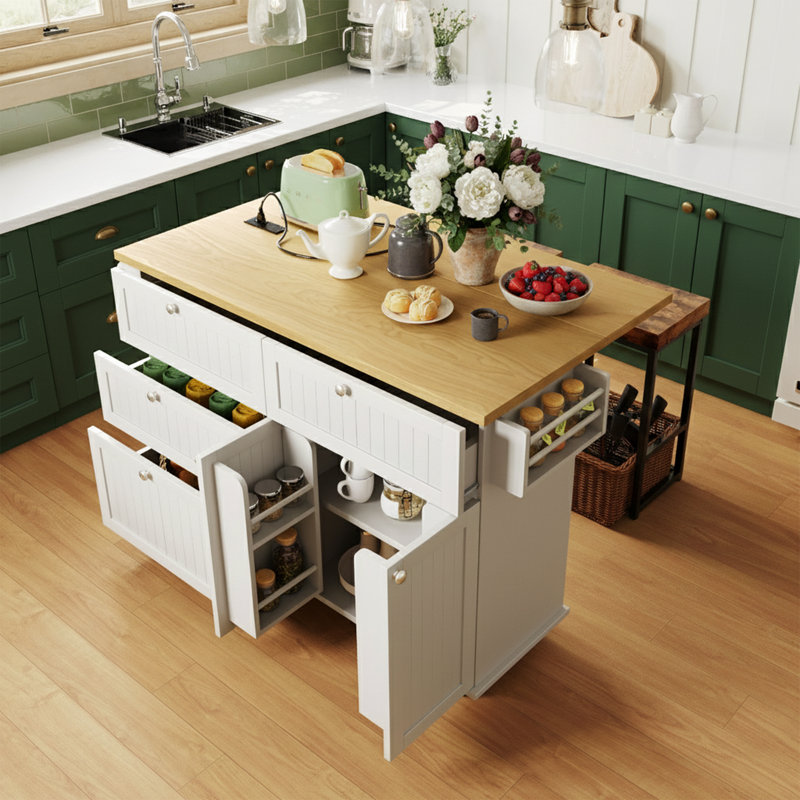 Ensemble d'îlot de cuisine 3 pièces avec 2 tabourets, table de cuisine à abattants avec prise de courant et armoire de rangement 3 pièces