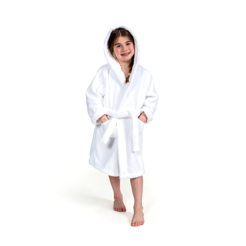 Peignoir en microfibre / molleton en polyester avec poches et capuche, Blanc, Enfants M
