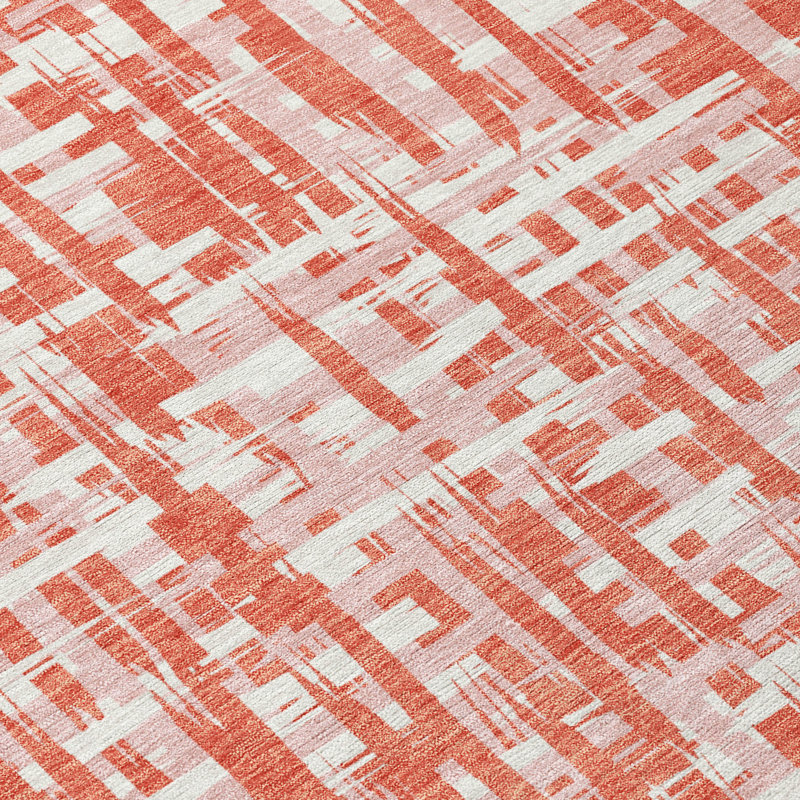 Coral and White Synthetic Washable Rectangular Rug