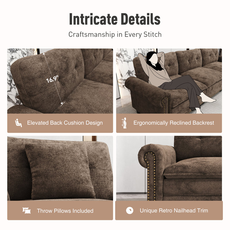 158" Modular Sectional Sofa with Ottoman, Oversized L-Shaped Deep Seat Couch in Chenille or Linen-Look with Nailhead Trim