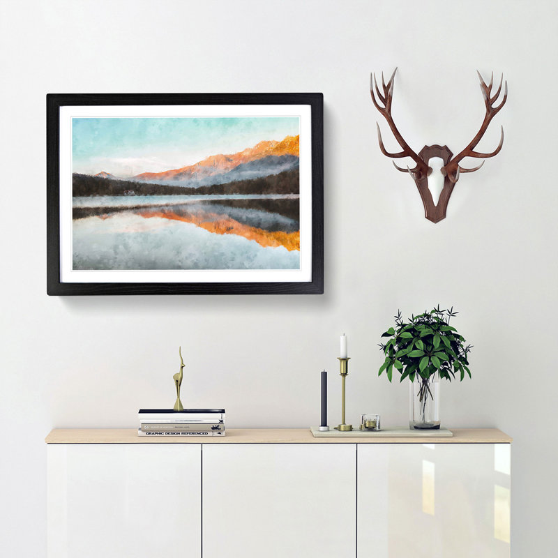 Mountain Reflection in Italy - Picture Frame Painting Print, 24cm H x 33cm W x 2cm D, Black Framed