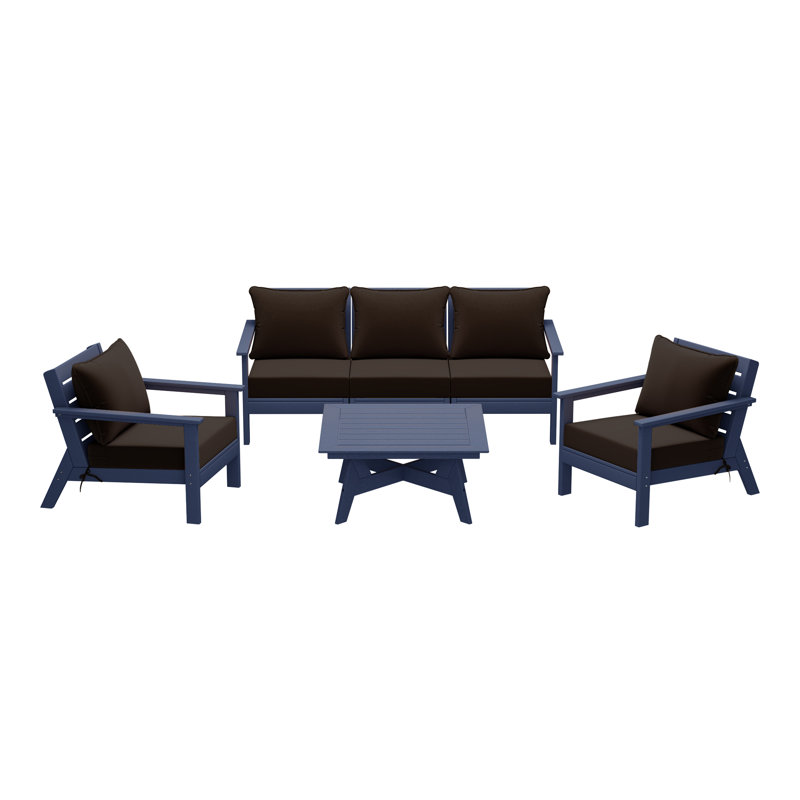 6-Piece Deep Seating Set, Navy Blue, Brown
