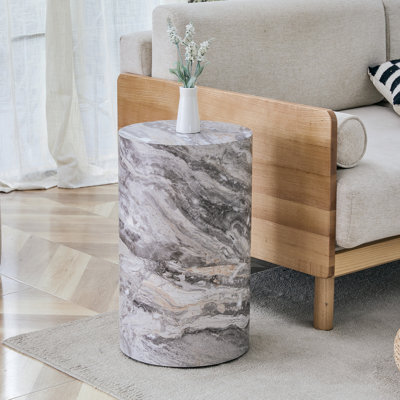 Vesta Modern 19.7" Round Drum End Table, Grey Faux Marble Cylinder Side Table - Minimalist Pedestal Central Table for Small Spaces