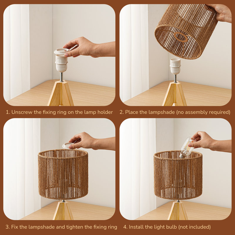 Aurion 14.2" Beige Solid Wood Tripod Table Lamp Set with Rattan Shade