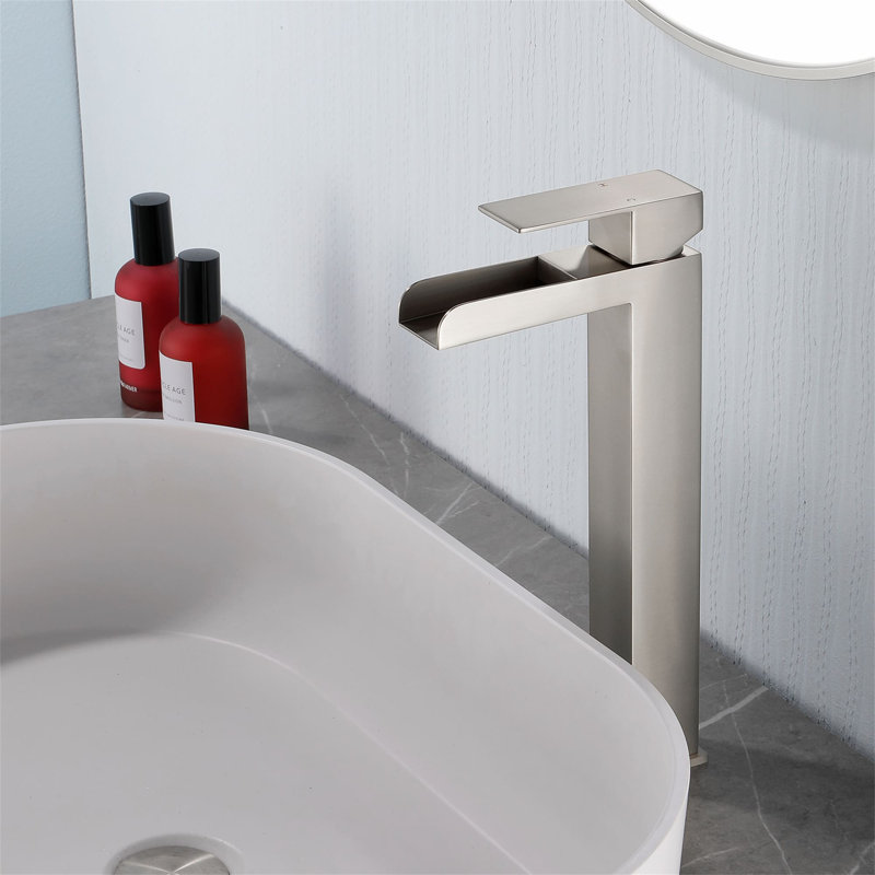 Single Hole Bathroom Vessel Faucet With Pop-Up Drain Kit Waterfall Vessel Bathroom Sink Faucet Stainless Steel Single Handle Tall Bathroom Basin Taps