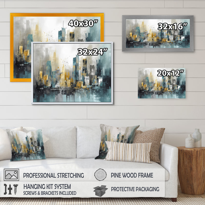 «Green and Yellow Modernist Cityscapes II», reproduction d'art sur toile, H 24 po x l 32 po x P 1 po, Encadrement doré