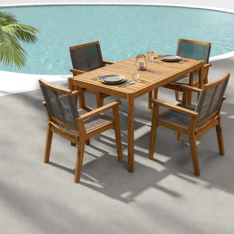 Ensembles de salle à manger de patio moderne, 5 pièces d'extérieur compacts en bois d'acacia