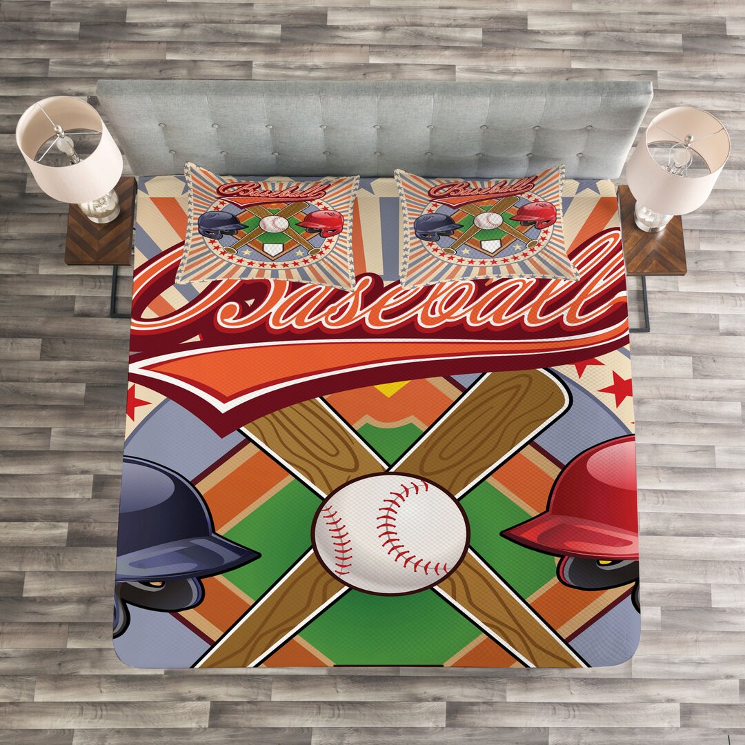 Gestepptes Bettdecken-Set, Retro Pop-Art-Baseball, Bunt, Mehrfarbig