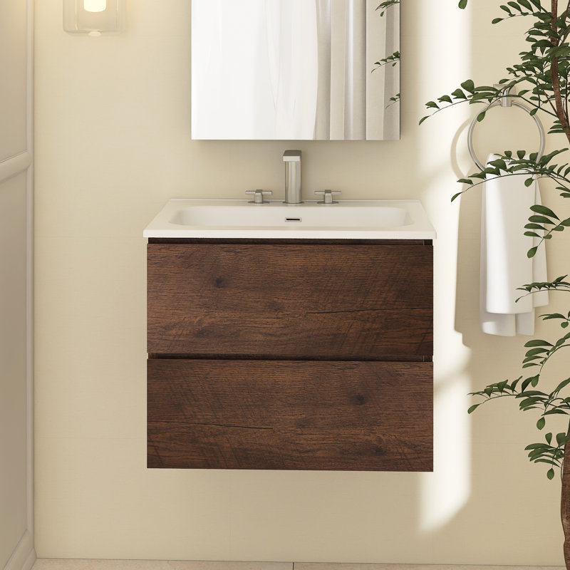 Zykaria 24'' Single Bathroom Vanity with Ceramic Top, 8" Centers, Walnut