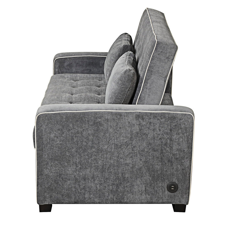 Upholstered Pull Out Sofa Bed With Throw Pillows, USB Charging Port And Adjustable Backrest, Charcoal Gray