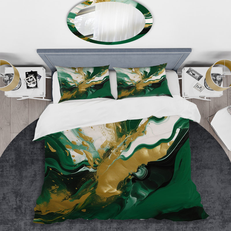 Ensemble de housse de couette en microfibre / polyester Green and Gold, Housse de couette pour grand lit et 2 taies décor