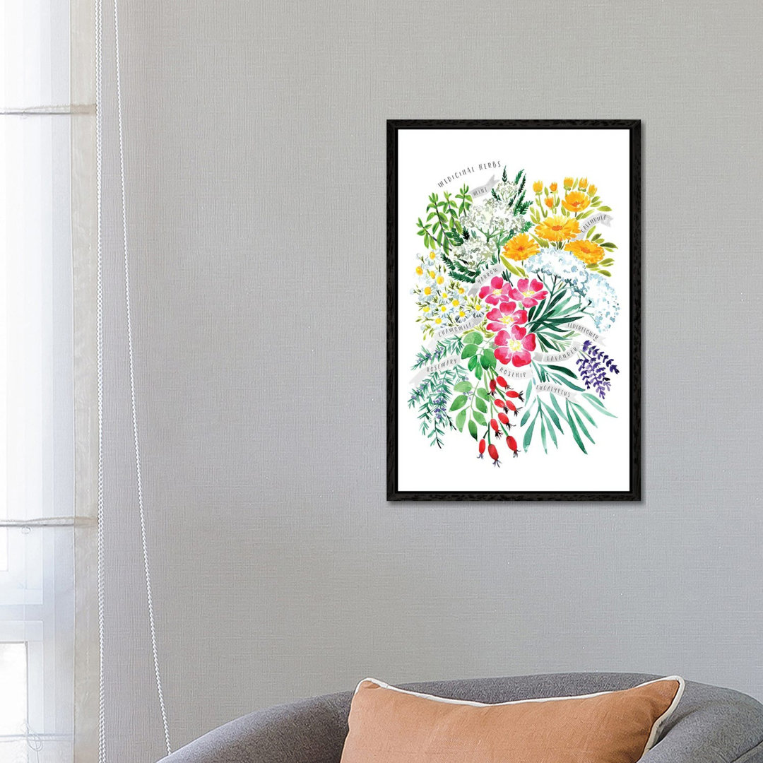 Heilkräuter Blumenstrauß in Aquarell von Blursbyai - Galerie-verpackte Leinwand Giclée auf Leinwand