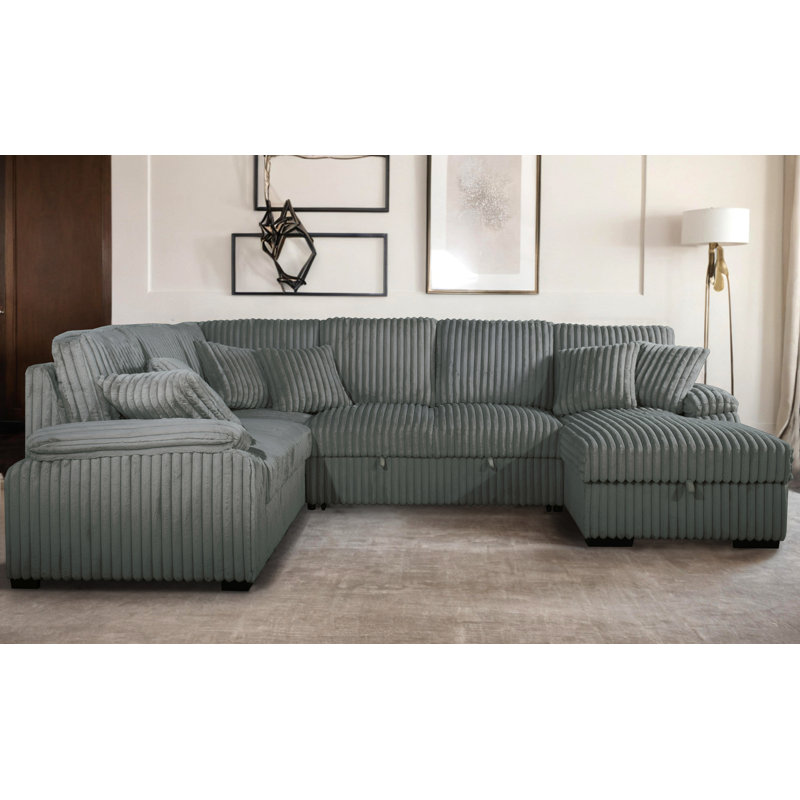 Corduroy U-Shape Sectional With Pull Out Bed & Storage Chaise + 6 Pillows, Gray Corduroy, Right Hand Facing