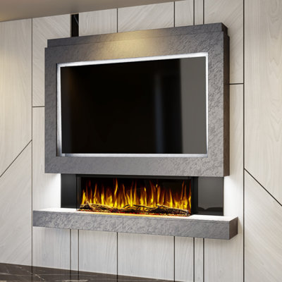 Evolution Fires Pre-Built Media Wall Package 1, finished in textured Venetian Plaster, includes Spectrum Series 44 Series 3-Sided Electric Fireplace