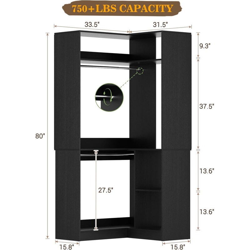 34" W Corner Closet System with Hanging Rods, Black