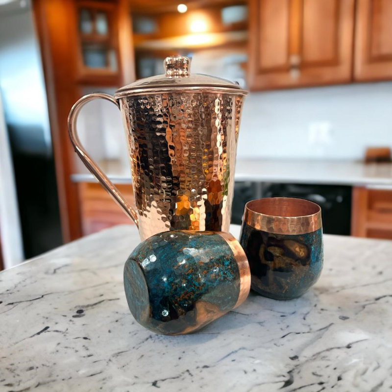 Ambiente 3-Piece Pure Copper Pitcher Set – Hammered Water Pitcher with Copper Tumblers for Drinking, Handcrafted Artisan Design