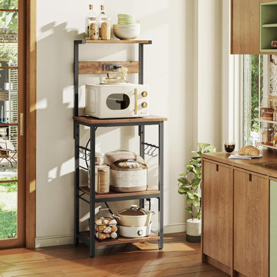 4 Tier Bakers Rack With Power Outlets Microwave Stand Adjustable Shelf Kitchen Storage Coffee Bar With 6 Hooks Rustic Brown