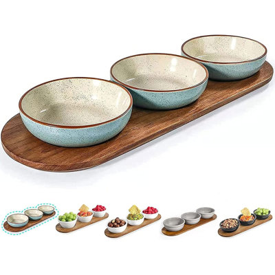6-ounce solid green turquoise ceramic potato chip dipping sauce plate, with rosewood tray, 4.5-inch glazed small bowl/dipping dish, suitable for holding seasonings, side dishes, dipping sauces, appetizers, desserts, salsa, etc.
