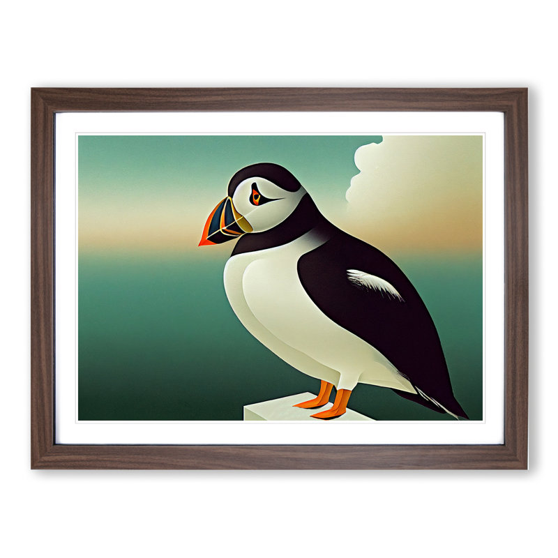 XH1022-6996X Pleasant Puffin Bird 1 Piece Single Picture Frame Wall Art, 25cm H x 34cm W x 2cm D, Walnut Framed