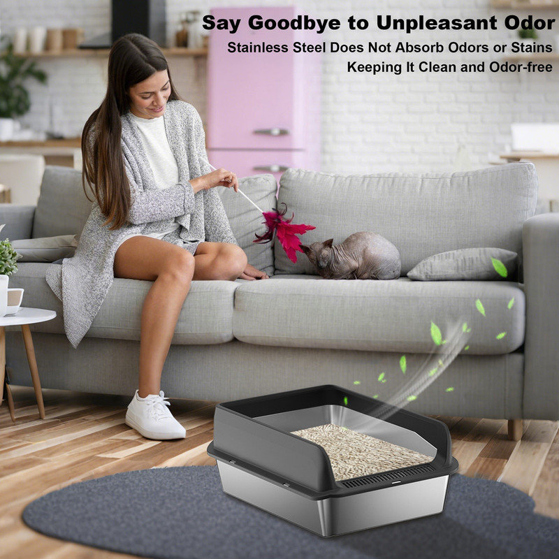 Stainless Steel Cat Litter Box with Lid Large Litter Box for Big Cats Non-Stick Stainless Steel Cat Boxes High Sides, Kitten Metal Boxes, Anti-Leakage, Easy to Clean