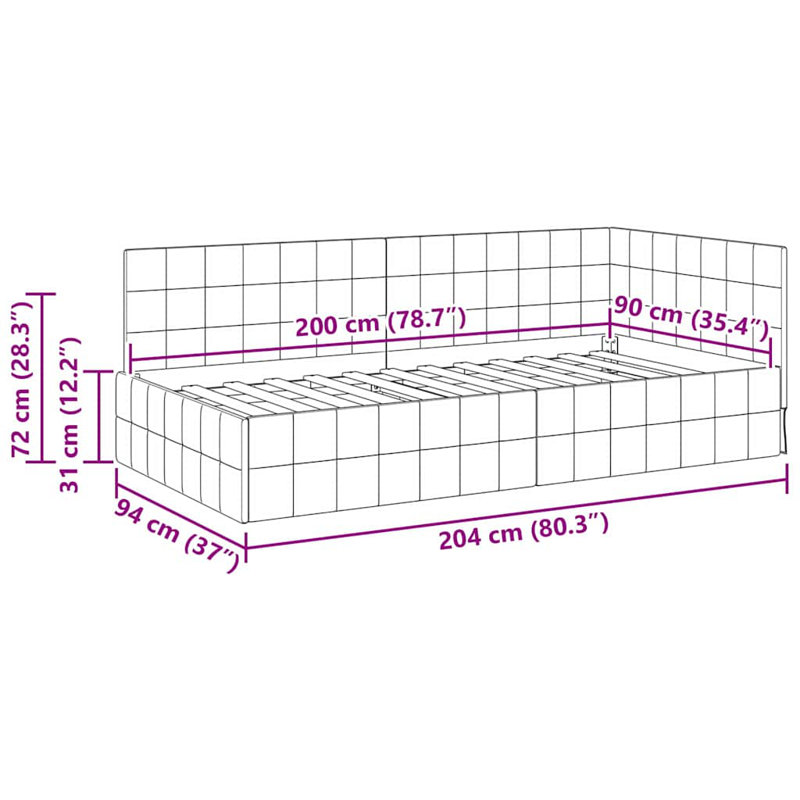 Corner Bed Frame With Headboard Velvet, European Single (90 x 200 cm), Light Grey